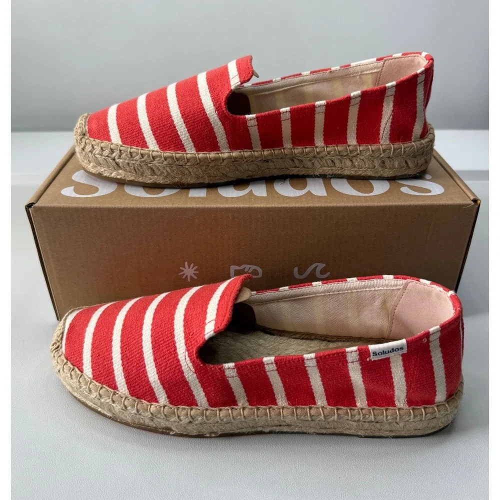 Soludos Womens Platform Smoking Slipper Coral Red White Striped Espadrilles‎ 9